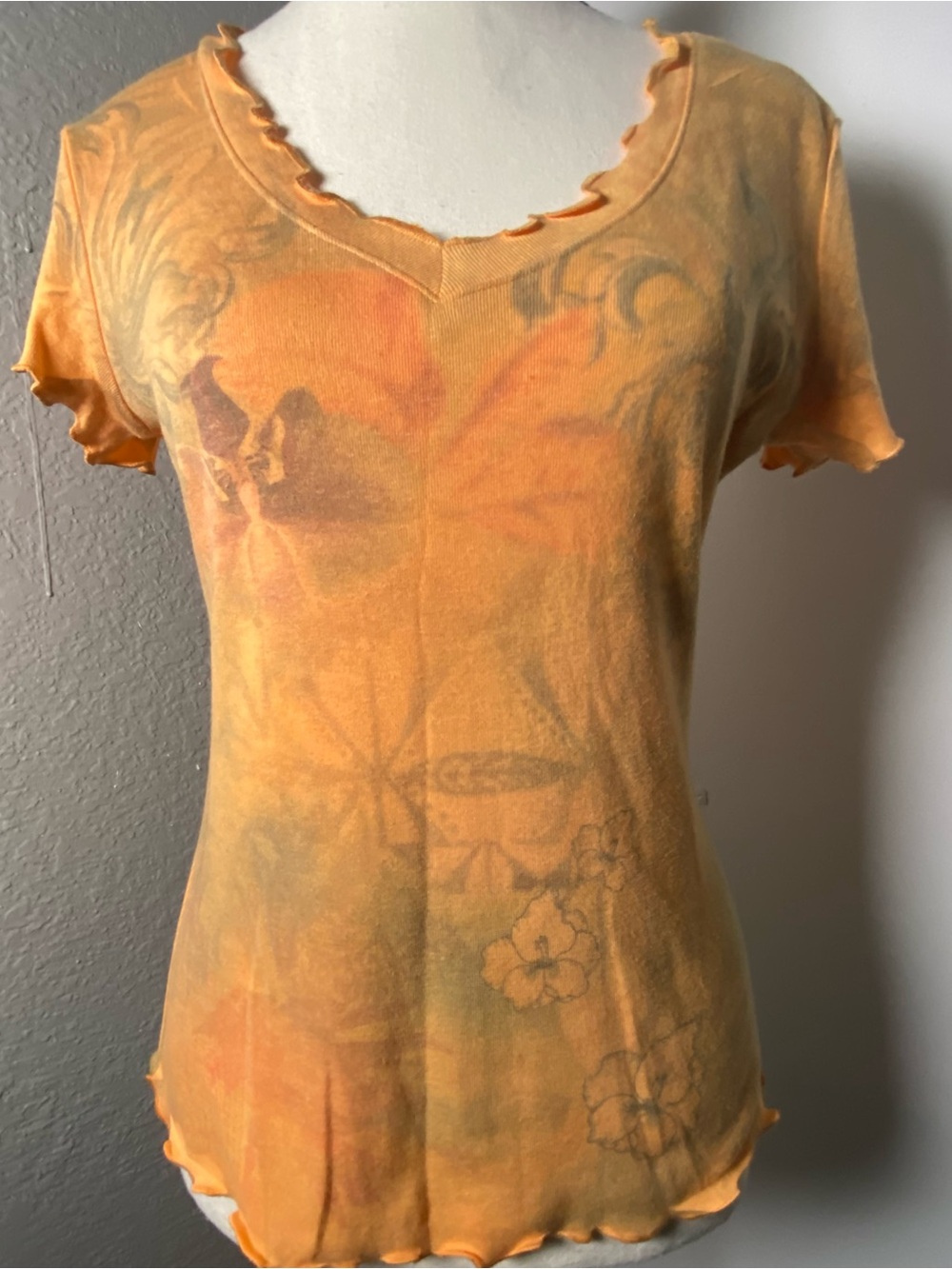 Y2K Fairy Orange Floral Hibiscus Frilly Trim V-neck T-shirt Size Small